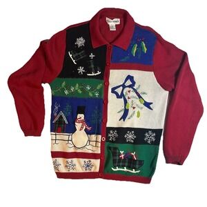Alfred Dunner Ugly Christmas Embroidered Sweater Women's Medium Snowman Sleigh